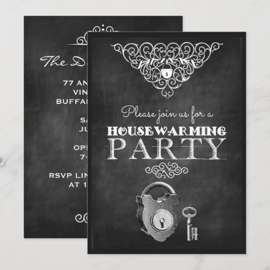 Uitnodigingen van de Chalkboard Housewarming Party (Voorkant / Achterkant)