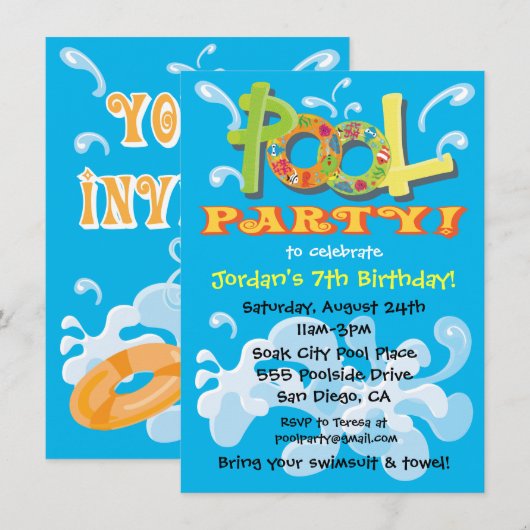 Uitnodigingen van de Colorful Pool Party (Voorkant / Achterkant)