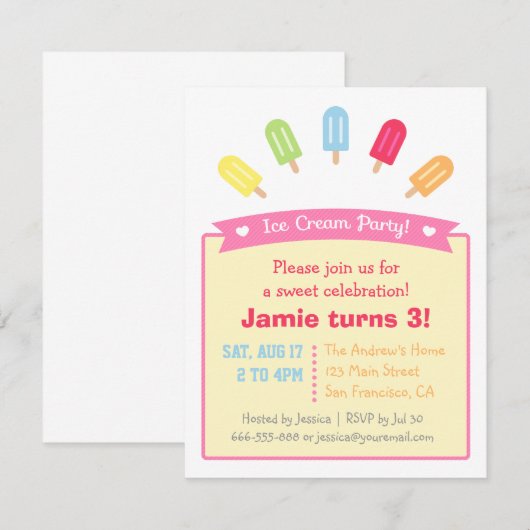 Uitnodigingen van de Colorful Popsicle Summer Part (Voorkant / Achterkant)
