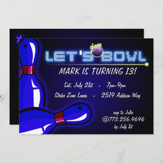 Uitnodigingen van de Cosmic Glow Bowling-partij (Voorkant / Achterkant)