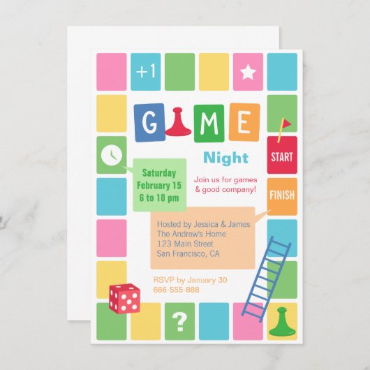 Uitnodigingen van de Fun Board Game Night Party (Voorkant / Achterkant)