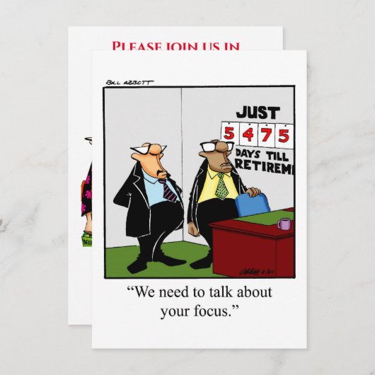 Uitnodigingen van de Funny Retirement Party (Voorkant / Achterkant)