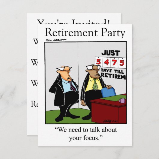 Uitnodigingen van de Funny Retirement Party (Voorkant / Achterkant)