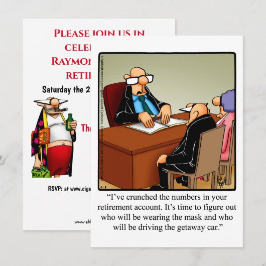 Uitnodigingen van de Funny Retirement Party (Voorkant / Achterkant)