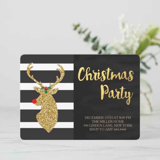 Uitnodigingen van de Glitter Gold Reindeer Kerstpa (Staand voorkant)
