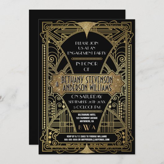 Uitnodigingen van de  Gold Art Deco Engagement Par (Voorkant / Achterkant)