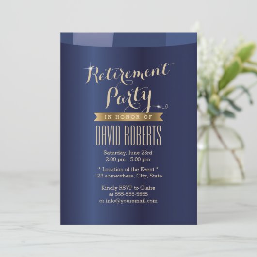 Uitnodigingen van de gouden Etiket Navy Blue Retir (Staand voorkant)