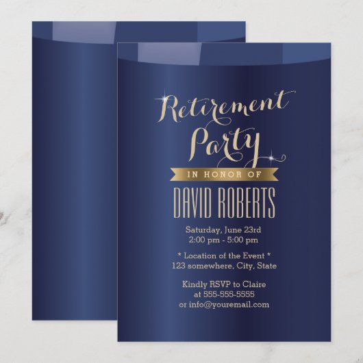 Uitnodigingen van de gouden Etiket Navy Blue Retir (Voorkant / Achterkant)