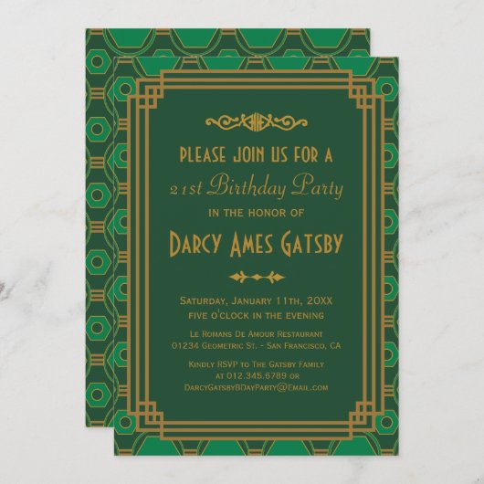 Uitnodigingen van de Groene Kunst Deco Birthday Pa (Voorkant / Achterkant)