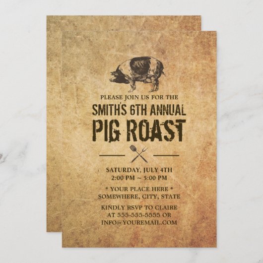 Uitnodigingen van de  Grunge Pig Roast BBQ Party (Voorkant / Achterkant)