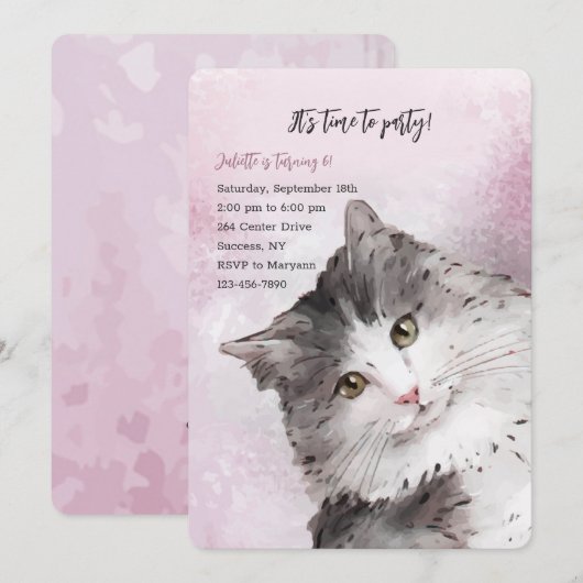 Uitnodigingen van de Kat Birthday Party (Voorkant / Achterkant)