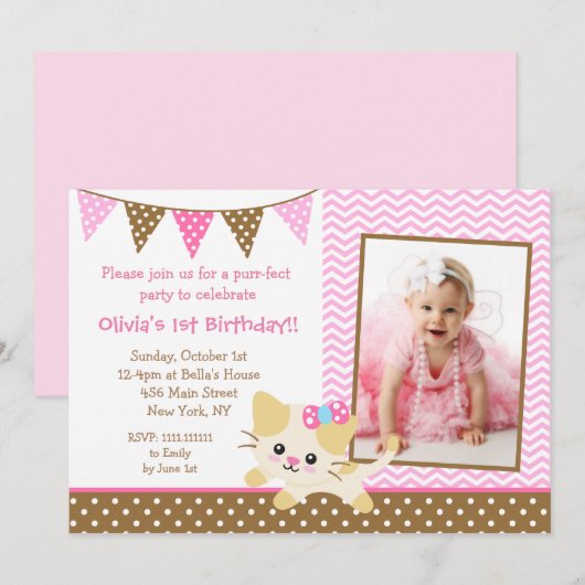 Uitnodigingen van de Kat Birthday Party (Voorkant / Achterkant)