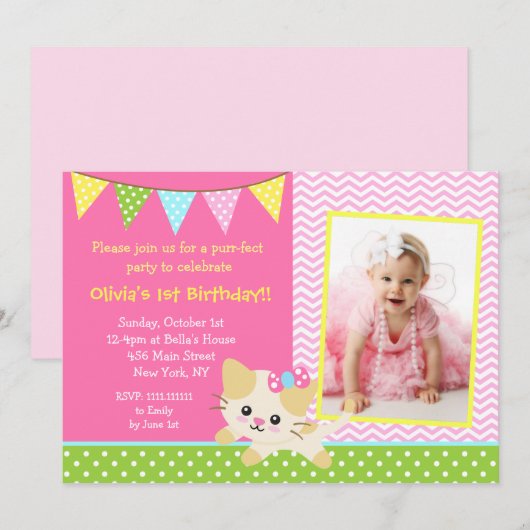 Uitnodigingen van de Kat Birthday Party (Voorkant / Achterkant)