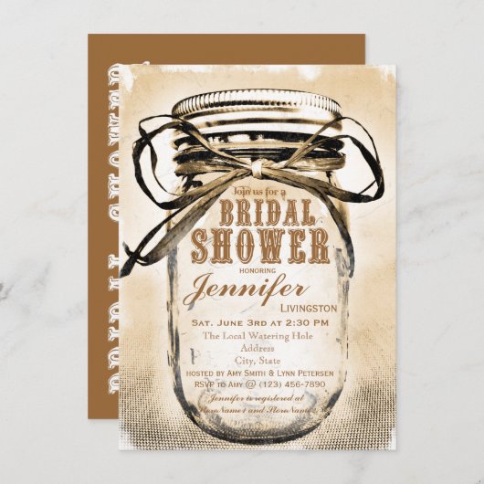 Uitnodigingen van de landelijke Mason Jar Bridal-s (Voorkant / Achterkant)