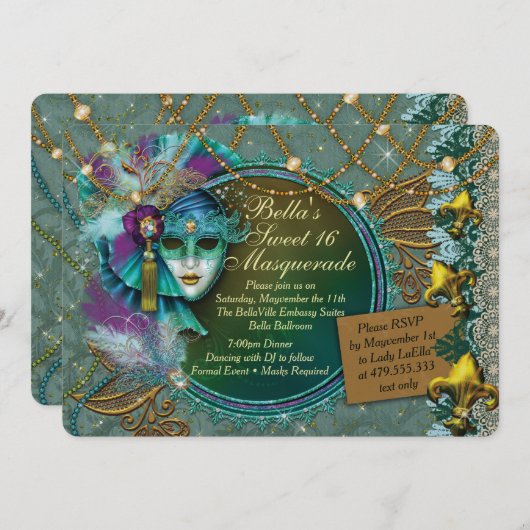 Uitnodigingen van de Masquerade Mardi Gras Party (Voorkant / Achterkant)