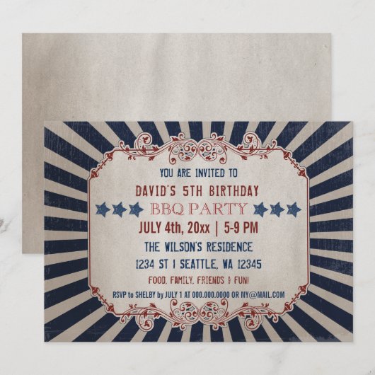 Uitnodigingen van de  Memorial Day Birthday Party (Voorkant / Achterkant)