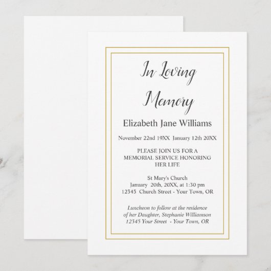 Uitnodigingen van de Memorial Service | Eenvoudige (Voorkant / Achterkant)