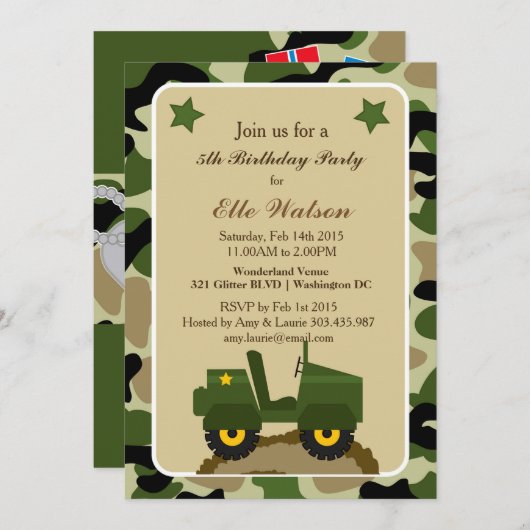 Uitnodigingen van de militaire Camo Birthday-parti (Voorkant / Achterkant)