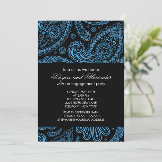 Uitnodigingen van de moderne Blue Paisley Engageme (Staand voorkant)