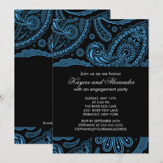 Uitnodigingen van de moderne Blue Paisley Engageme (Voorkant / Achterkant)