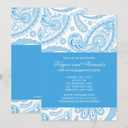 Uitnodigingen van de moderne Blue Paisley Engageme (Voorkant / Achterkant)