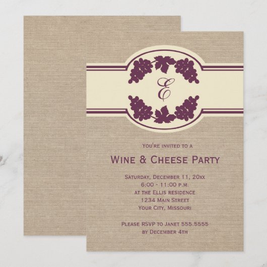 Uitnodigingen van de Monogram Wijn- en Kaas-partij (Voorkant / Achterkant)