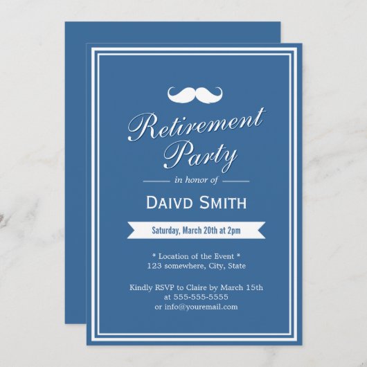 Uitnodigingen van de Mustache Navy Blue Retirement (Voorkant / Achterkant)