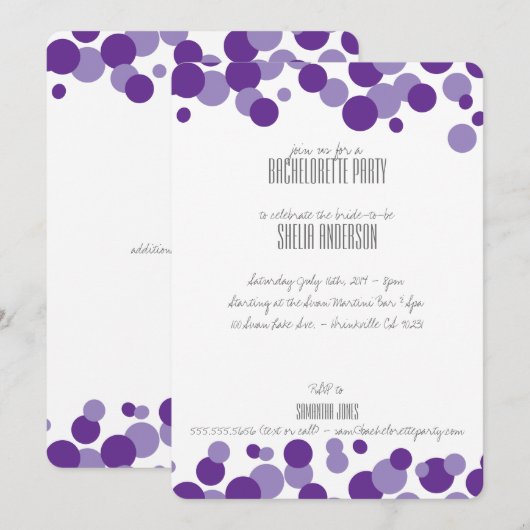Uitnodigingen van de Paarse Bubbles Party (Voorkant / Achterkant)