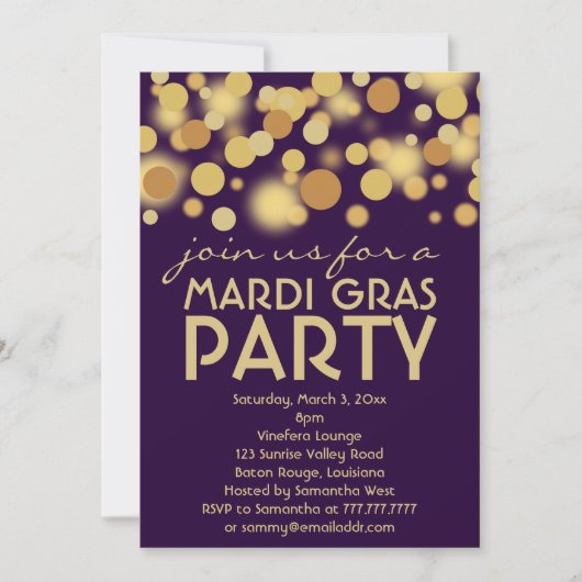 Uitnodigingen van de Paarse Gold Mardi Gras Party (Voorkant)
