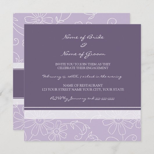 Uitnodigingen van de Paarse White Floral Engagemen (Voorkant / Achterkant)