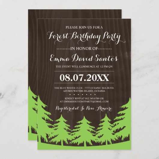 Uitnodigingen van de partij Forest Birthday (Voorkant / Achterkant)