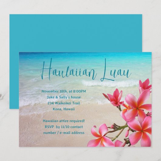 Uitnodigingen van de partij Hawaiian Luau Pink Plu (Voorkant / Achterkant)