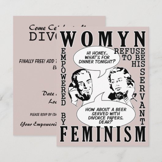 Uitnodigingen van de partij Retro Feminist Humor D (Voorkant / Achterkant)
