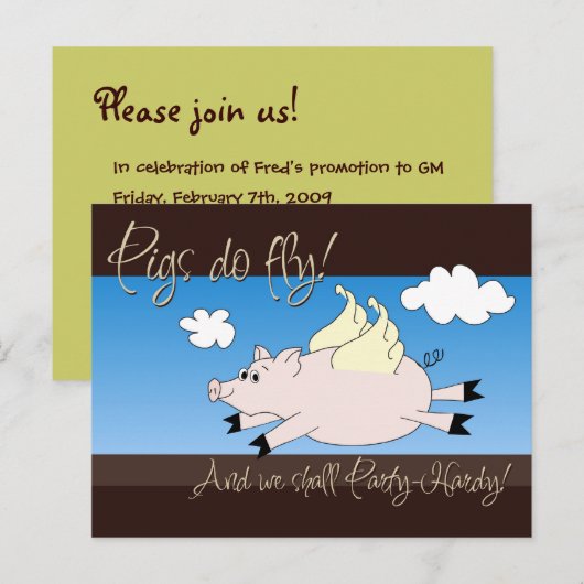 Uitnodigingen van de partij Vliegende varkens (Voorkant / Achterkant)