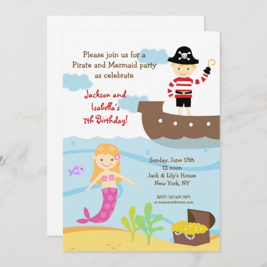 Uitnodigingen van de Pirate and Mermaid Birthday P (Voorkant / Achterkant)