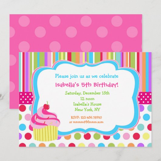 Uitnodigingen van de Rainbow Cupcake Birthday Part (Voorkant / Achterkant)