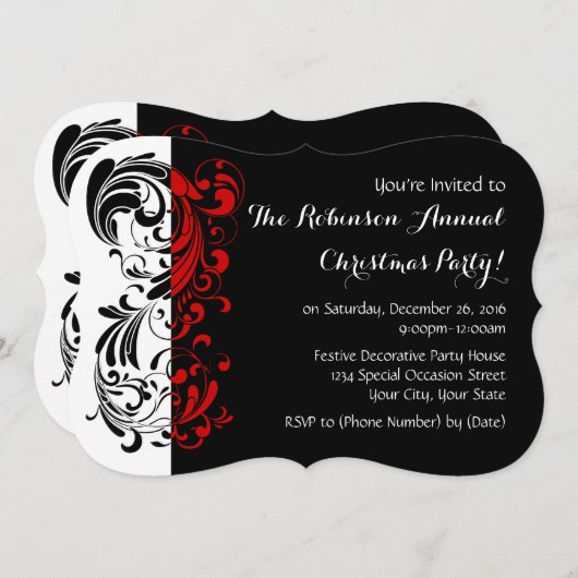 Uitnodigingen van de Red+Black Elegant Swirl Holid (Voorkant / Achterkant)