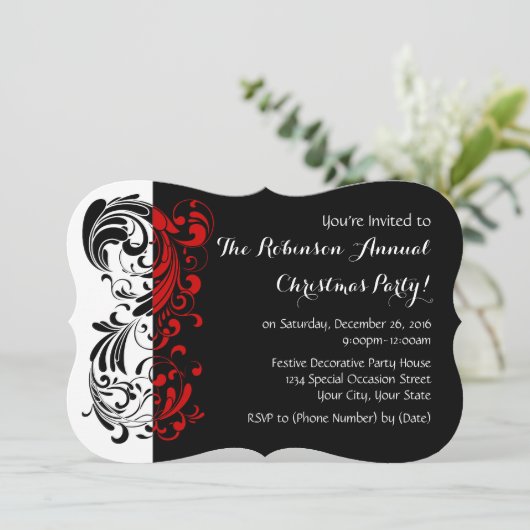 Uitnodigingen van de Red+Black Elegant Swirl Holid (Staand voorkant)