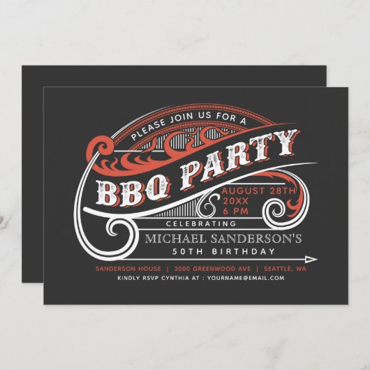 Uitnodigingen van de  Retro BBQ-partij (Voorkant / Achterkant)