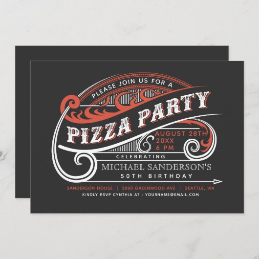 Uitnodigingen van de  Retro Pizza Partij (Voorkant / Achterkant)