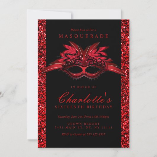Uitnodigingen van de Rode Glitter Masquerade Party (Voorkant)