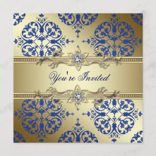 Uitnodigingen van de Royal Blue and Gold Damask Pa