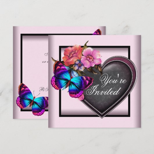 Uitnodigingen van de roze Black Heart Butterfly Pa (Voorkant / Achterkant)