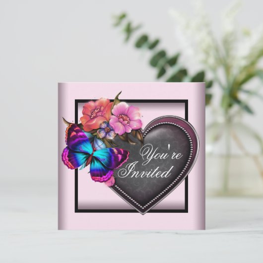 Uitnodigingen van de roze Black Heart Butterfly Pa (Staand voorkant)