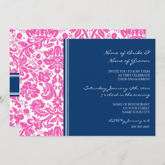 Uitnodigingen van de roze Blue Pattern Engagement (Voorkant / Achterkant)