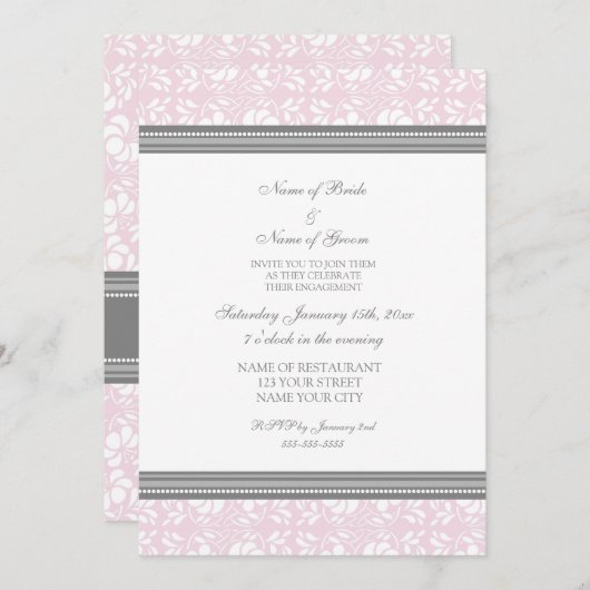 Uitnodigingen van de roze grijze Damask Engagement (Voorkant / Achterkant)
