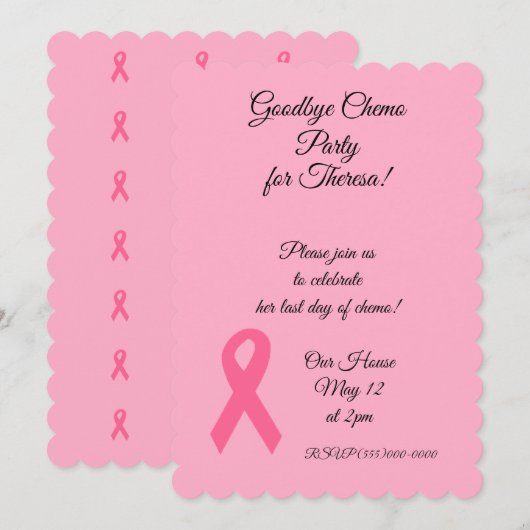 Uitnodigingen van de roze partij "Goodbye Chemo" (Voorkant / Achterkant)