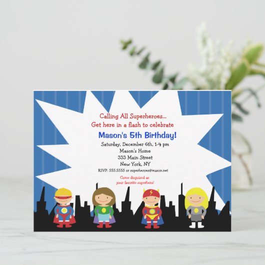 Uitnodigingen van de superheld Birthday Party (Staand voorkant)