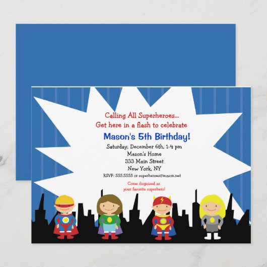 Uitnodigingen van de superheld Birthday Party (Voorkant / Achterkant)