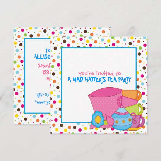 Uitnodigingen van de Tea Party van Mad Hatter (Voorkant / Achterkant)